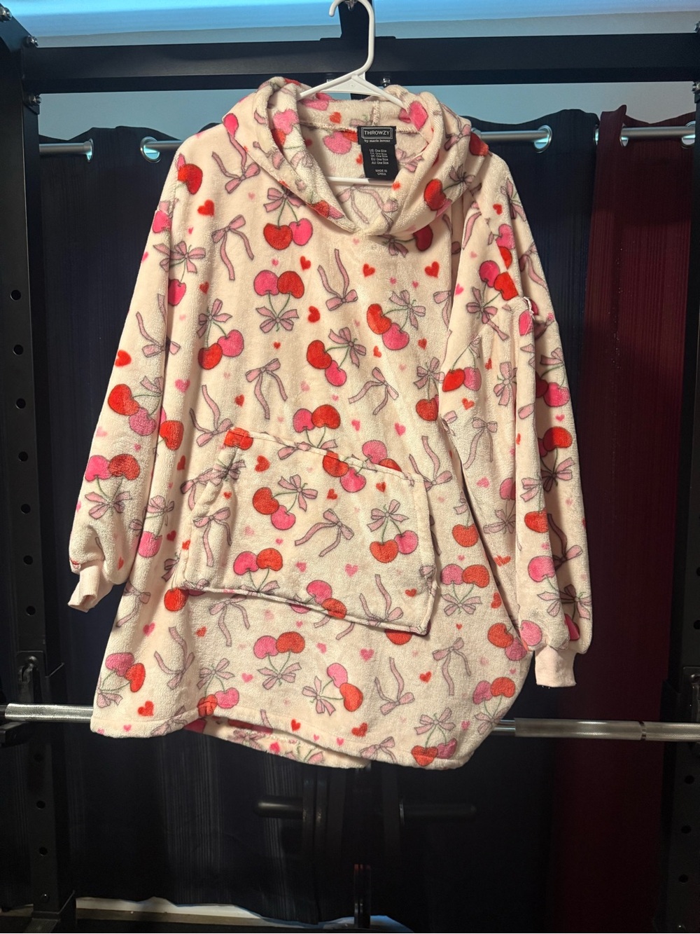 Throwzy By Marlo Lorenz Plush Hooded Lounge Robe with Cherry Print - Pink & Red
